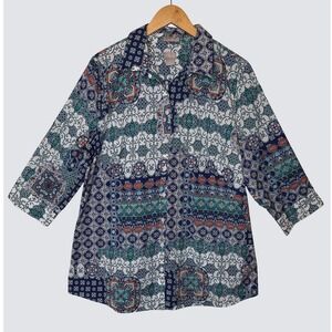 Chicos No Iron Button Down Shirt Womens 3 XL Blue Patchwork Medallion 3/4 Sleeve